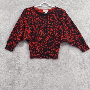 Vintage 80s Style‎ Batwing Sleeve Sweater Women's Small Red Black Floral Knit